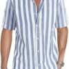 JMIERR Men's Casual Stylish Short Sleeve Button-Up Striped Dress Shirt Cotton Beach Shirts